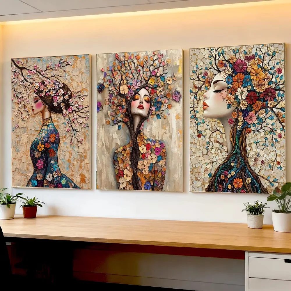2D Flaches Mosaik Baum des Lebens Blumengöttin Leinwandgemälde Schöne Frauen Blumenporträt und Bäume Poster Druck Heimdekoration – Detail 4
