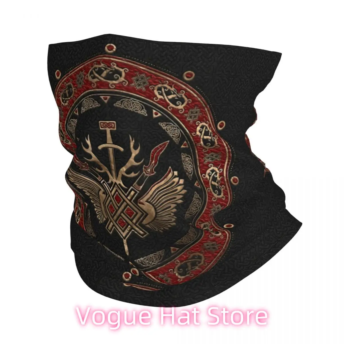 Gungnir Spear Of Odin Black And Red Leather And Gold Viking Scarf Neckerchief Neck Face Mask Polyester