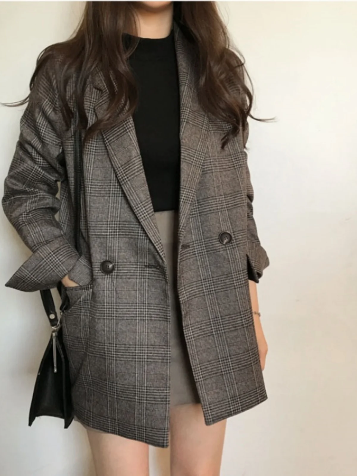 

Women's Plaid Woolen Suit Jaet Retro Loose Slimming Double Breasted Two Button Versatile Mid-Length Coat Trendy Commute