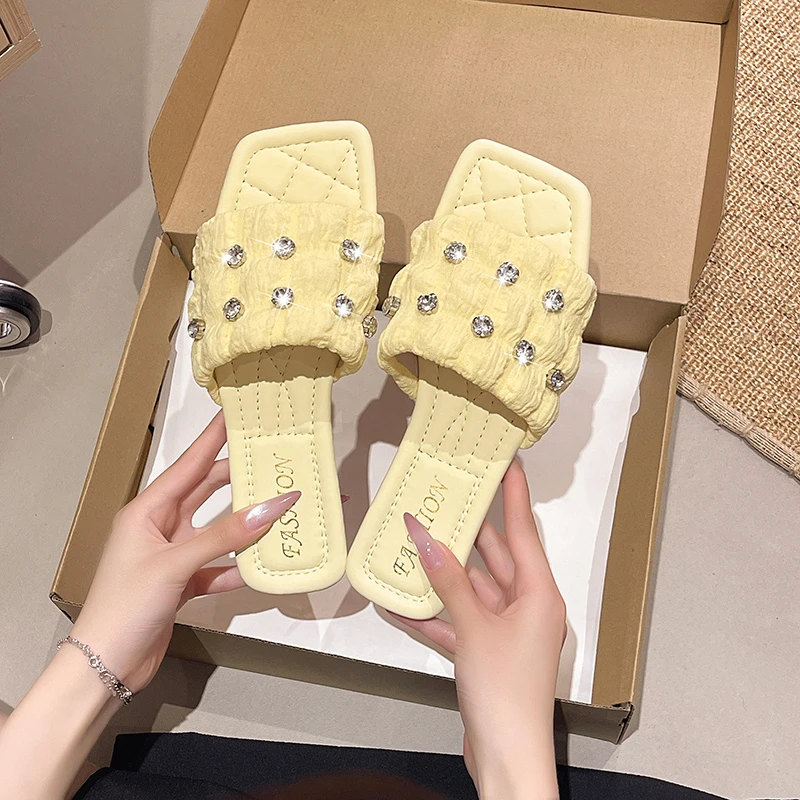 

Size 43 Large Diamond-studded Square-toe Sandals, Foot-flattering, 2026 New Popular Travel Women's Slip-on Sandals