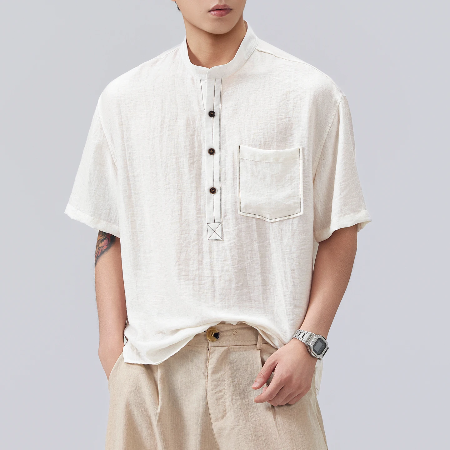 Mens Breathable Polo Shirts T Shirt Pocket Design Simple Short Sleeve Tee Plain Casual Linen Texture