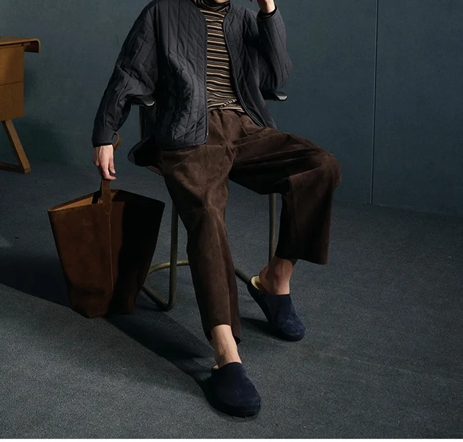 Retro 2025 Leather Ankle-Length Pants Women Elastic Waist Suede Sheepskin Wide Leg Length Straight Cylinder Trousers Black brown
