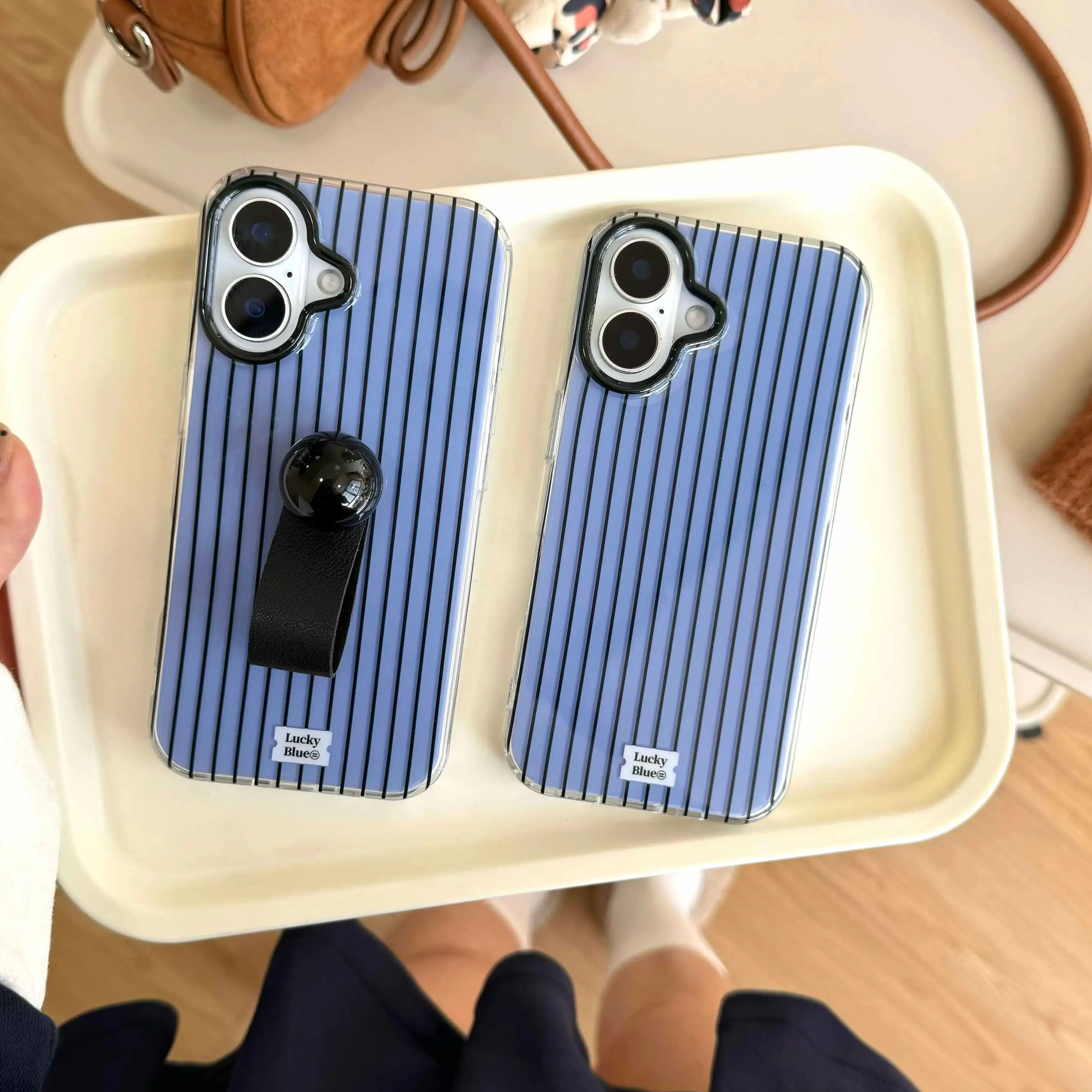 Blue black stripes ins phone case for iphone 16 14pro 15pro 14 13 15 pro max 13promax 16promax 3d  ball ring anti-fall fundas