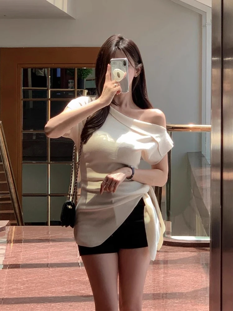 

oulder Bared Knitted Top Women's Summer New Sle Pure Desire off Center Tied Waist Slim Fit Versatile Korean Version ort...