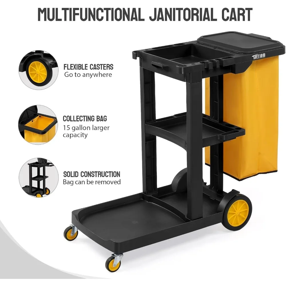 3-Shelf Janitorial Cart with Large 15-Gallon Vinyl Bag Housekeeping Cart Black