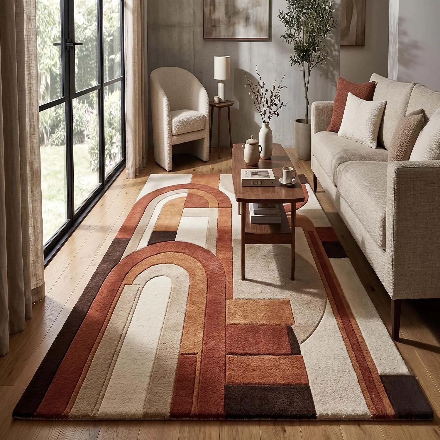 Room Decor Rug Terracotta Brown Cream Retro Arch Geometric Area Rug, Cozy Floor carpet, rugs for livingroom, rug for bedroom, Rectangle Floor Mat, Fits Mid-Century Farmhouse, Layer Rainbow Arch Abstra