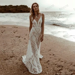 BOHO Wedding Dresses For Women 2024 Vintage Bridal Gowns Sexy Sleeveless Deep V-Neck Backless Robes For Brides Vestidos De Novia