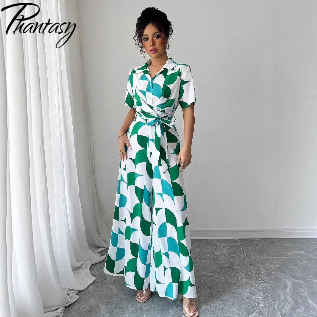 Fantasma elegante manga curta turn-down colarinho topos casual impressão de manga curta cintura alta perna larga macacão calças 2025 verão