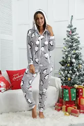 Winter Warm Christmas Print Pyjamas Women Onesies Flannel Sleepwear Size XXL Hood Sets Pajamas For Women Adult