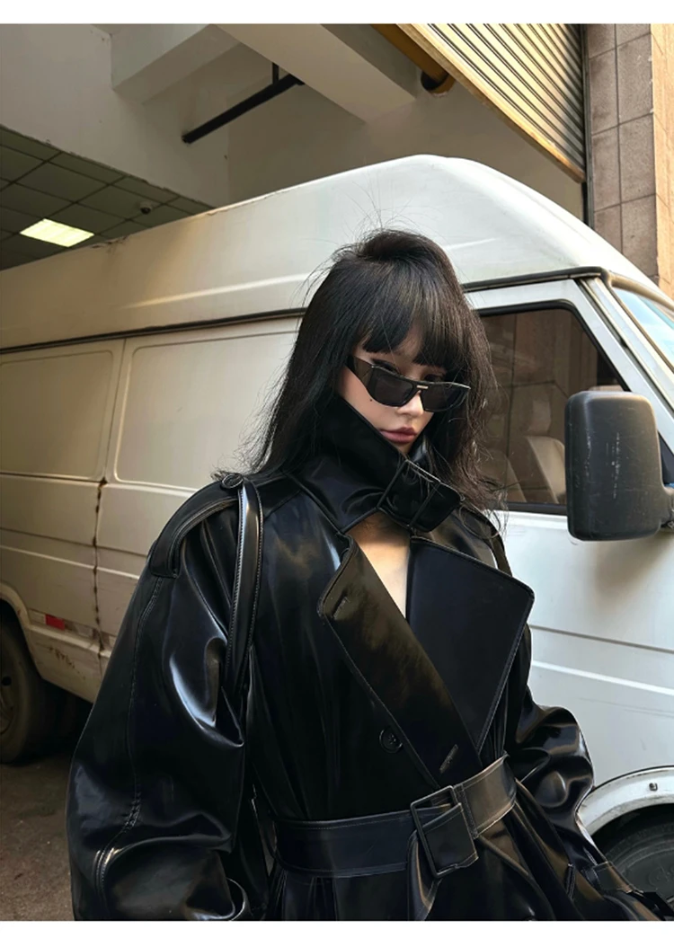 Lautaro Spring Autumn Extra Long Oversized Cool Reflective Shiny Black Patent Leather Trench Coat for Women Belt Runway Fashion