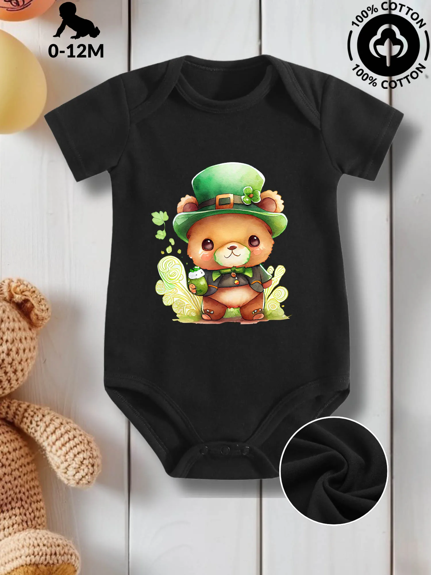

Bear In St. Patrick Outfit Unisex Baby Crawling Suit, Pure Cotton Skin Care Onesie, All-Season Wear Black Bodysuit 190GSM