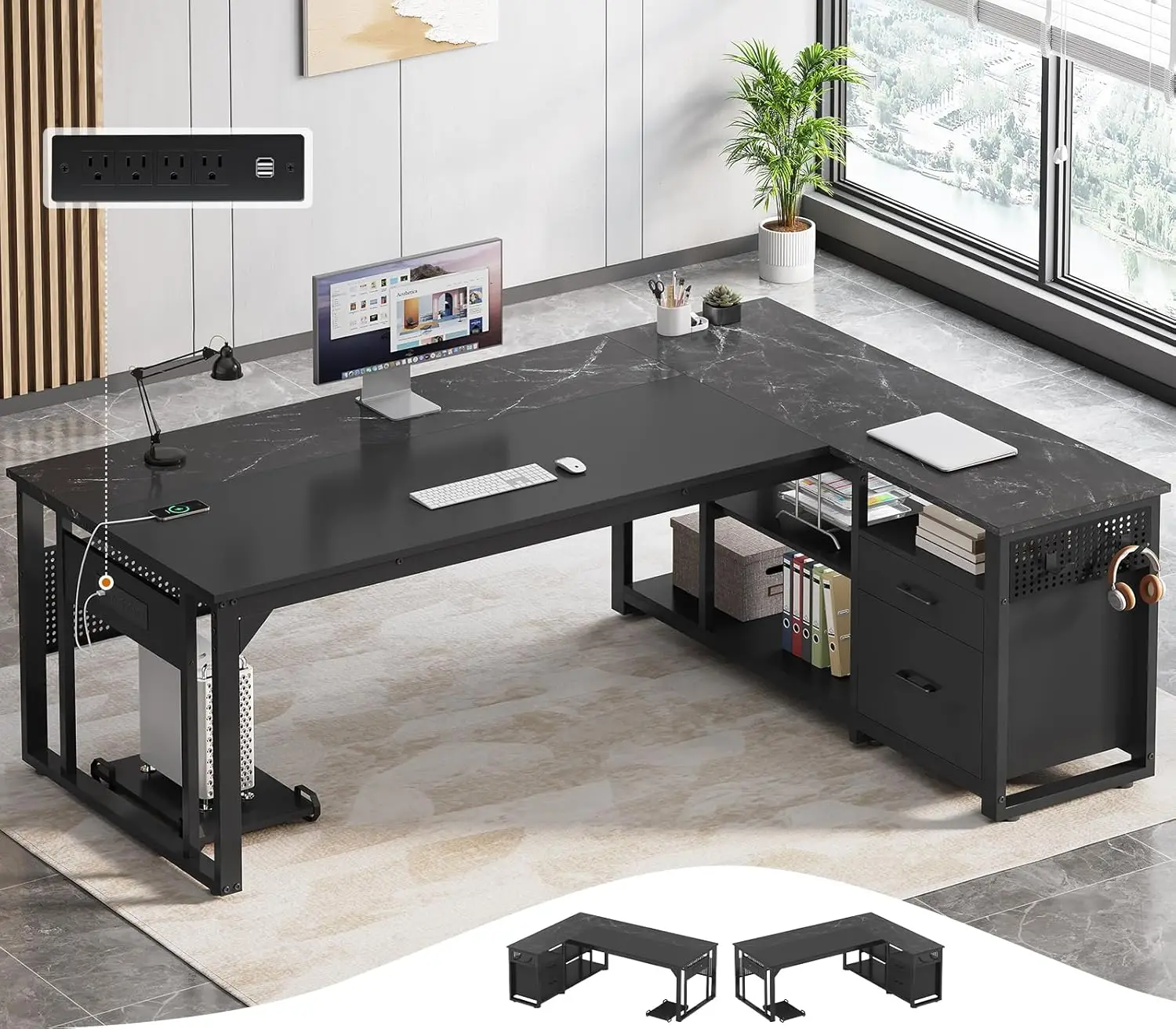#71in L-Shaped Desk with Outlets File Drawers Storage Shelves Pegboard CPU Stand Corner Office Workstation, Customized