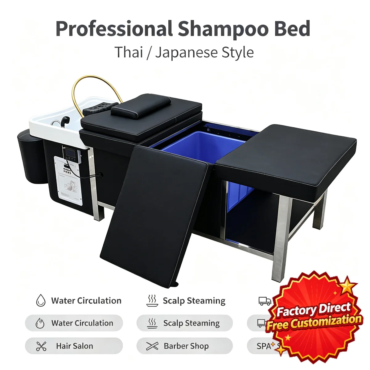 All‑in‑one Thai Shampoo Bed Massage Hair Washing Table Water Circulation System Storage Cabinet For Beauty Salon Spa