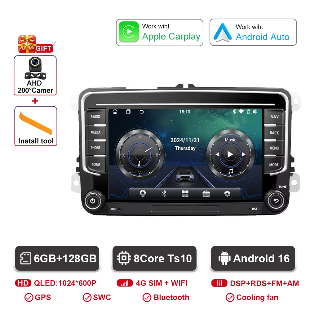Auto radio voor VW Skoda Golf Touran Passat B6 B7 Polo Android Auto Multimedia Videospeler GPS Carplay BT QLED Scherm Stereo WIFI