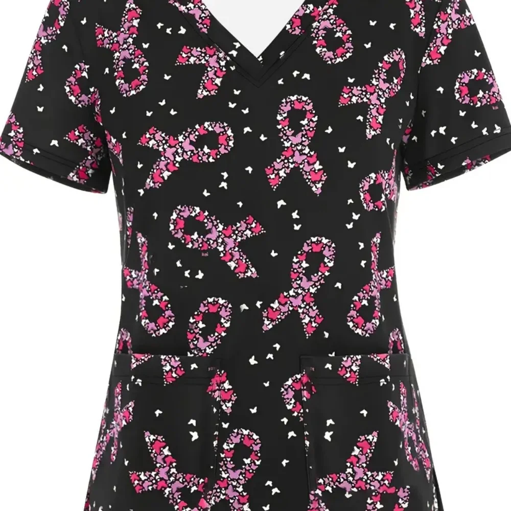 Medical Nursing Uniform Women’s Stretch Ombre Print V-Neck Short Sleeve Tops Pocket Medical Clothing for Women Hospital Uniform