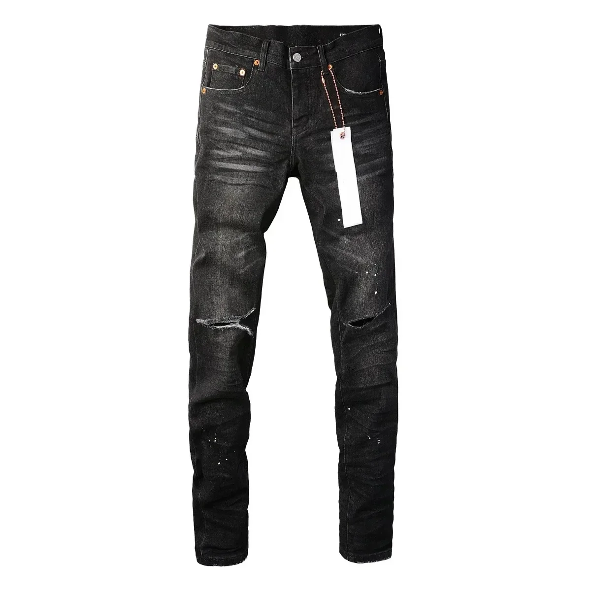 2024 Purples Jeans Männer Mode hochwertige High Street schwarze Farbe Punkt Messer Schnitt loch Reparatur Low Rise Skinny Denim Marke Hosen