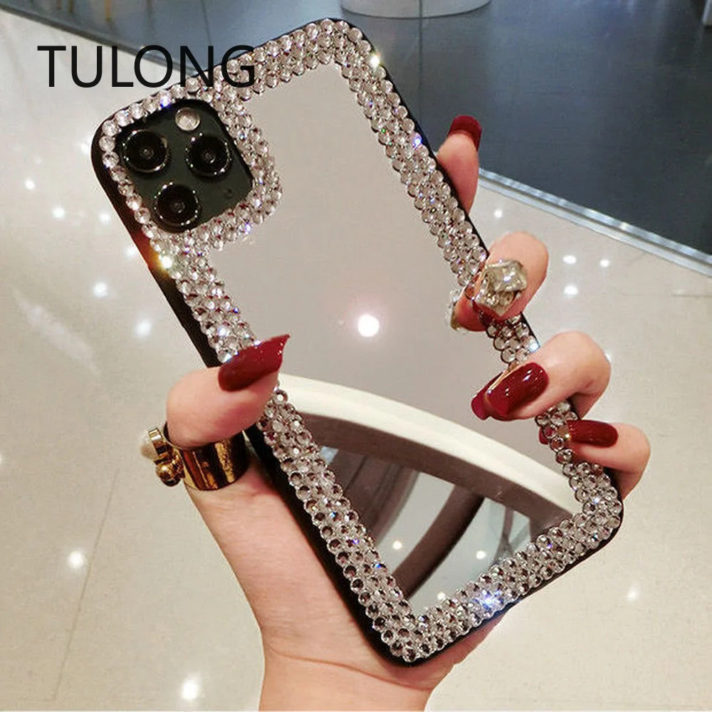 TULONG 2022 New Acrylic Mirror Rhinestone for Iphone 13 12 11 X 7 Luxury Diamond-encrusted Makeup Mirror Phone Case  8 Plus Case