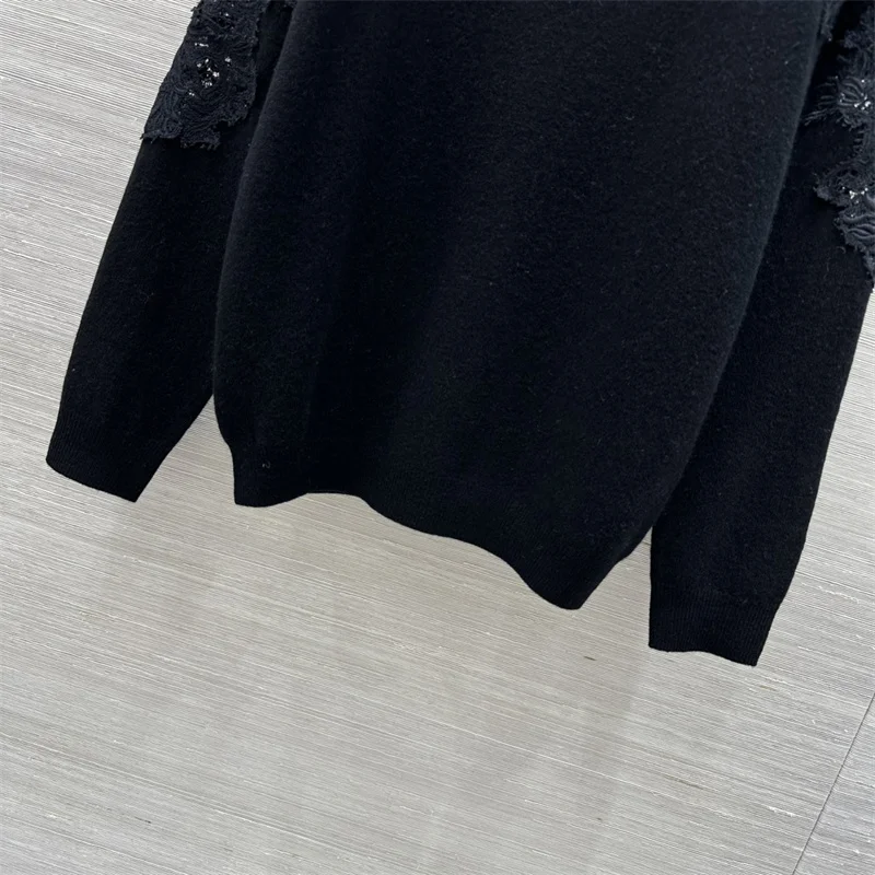 Damenpullover Neues elastisches Strickoberteil mit schmaler Passform und langen Ärmeln für den Herbst 2025. Spitzen-Patchwork-Pullover aus Kaschmirmischung