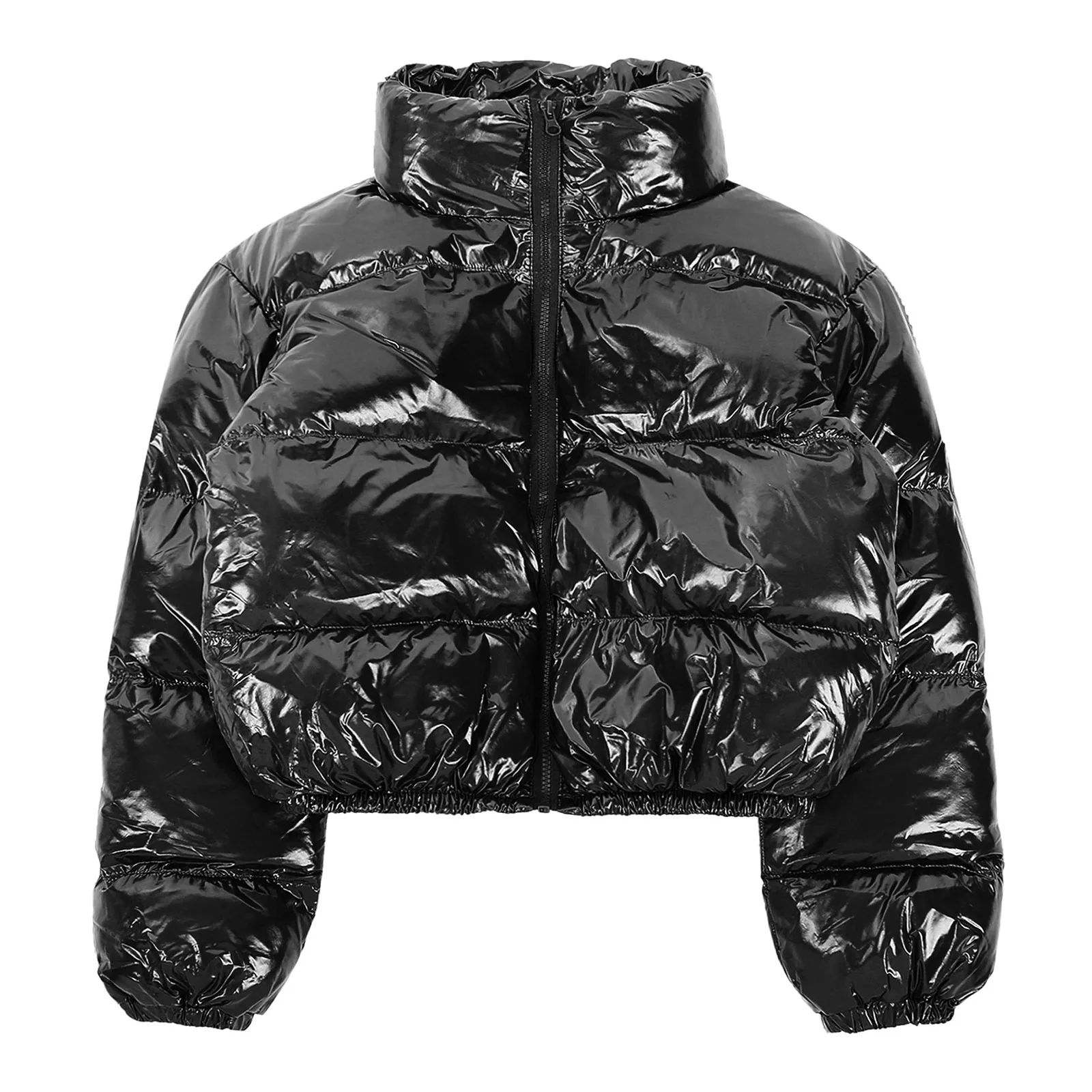 Jaqueta feminina acolchoada metálica brilhante, casaco acolchoado com zíper, gola de inverno, moda urbana ao ar livre