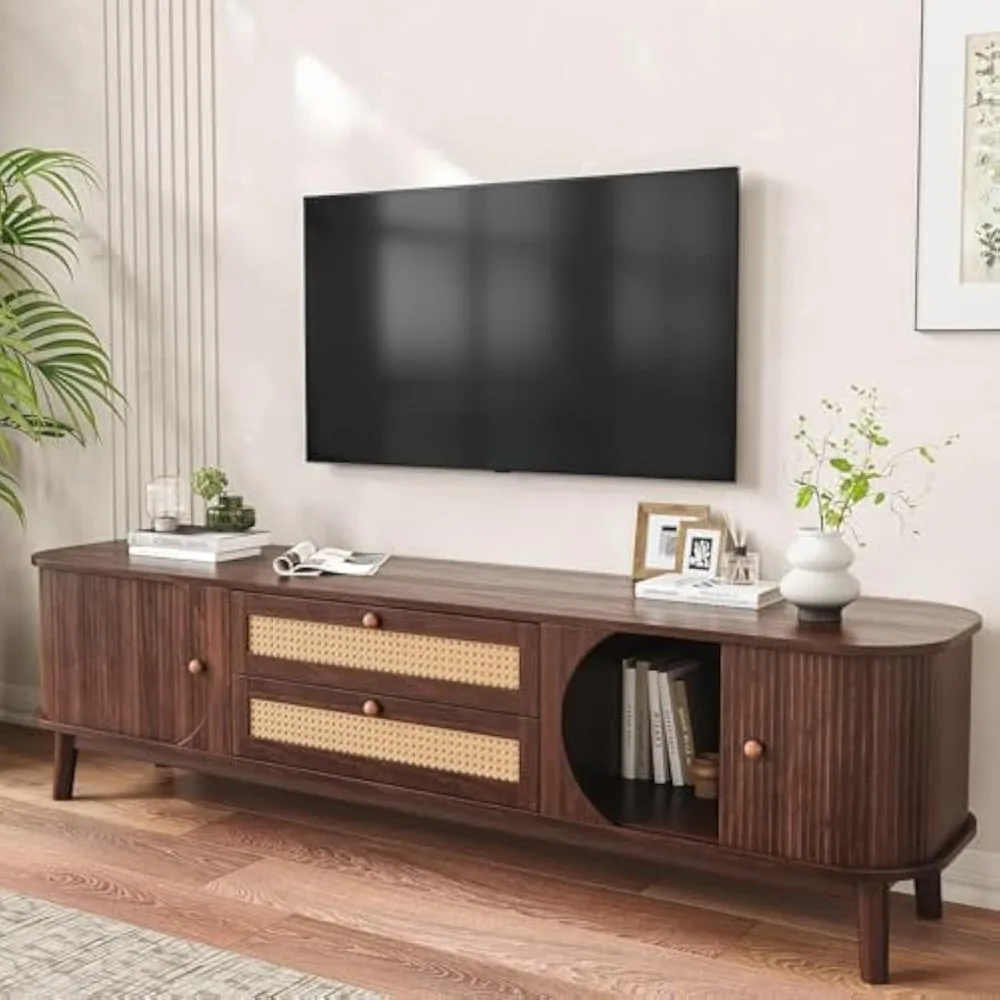 

Rattan TV Stand for 75 Inch TV, Rustic Entertainment Center with 2 Large Drawers, Sliding Doors, Media Console with Solid Wood L