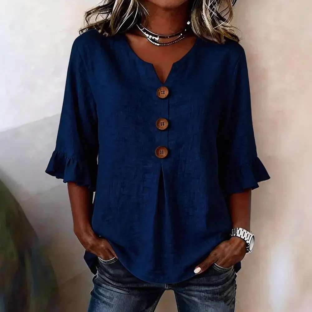 

Women Shirt Stand-Up Collar V-Neck Buttons Decor Half Sleeve Ruffle Cuffs Pullover Tops Pure Color Loose Fit Summer Tops