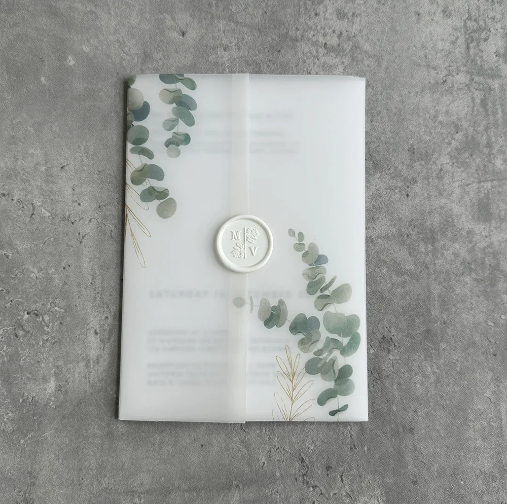 Eucalyptus ,green color leaf  Vellum  Wrap suitable for a 5 x 7 Wedding Invitation