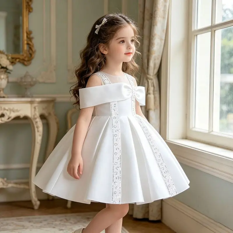 Girls' New Mesh Off-Shoulder Festival Performance Satin Sequin Dress