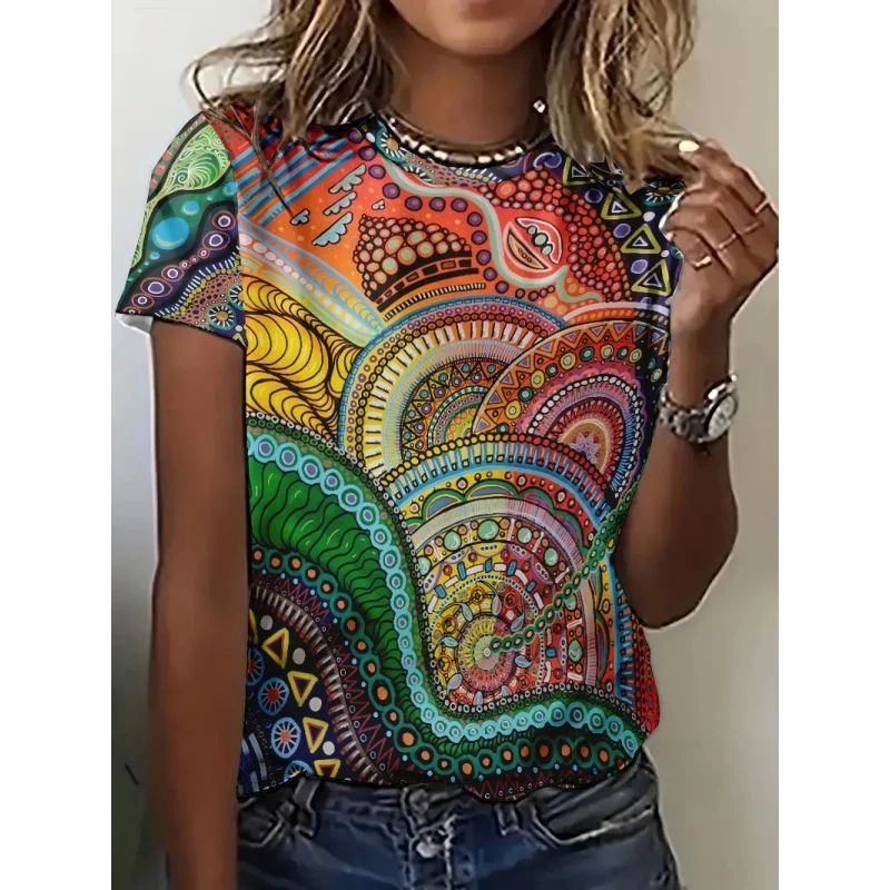 

Colorful Retro Pattern T Shirt for Women Exquisite Ethnic 3D Printed Short Sleeves Tees Summer Casual Loose T-Shirts O-Neck Tops