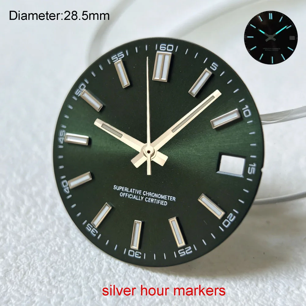 28.5mm S logo nh35 dial olive green blue gray sunburst dial for nh35 movement blue lumen hands nh35 date_just s dial watchmods - view 6