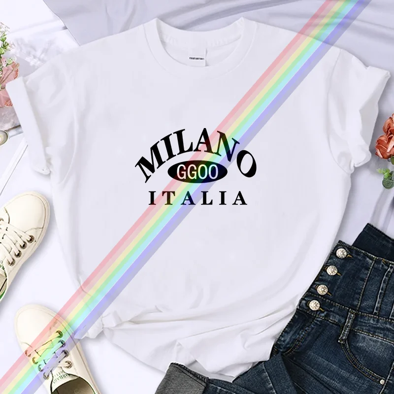 For Women's Luxury Brand High-Quality Summer MILANO Printing T-shirt 100% Cotton Casual Oversized Y2k Personality Sleeve O-neck