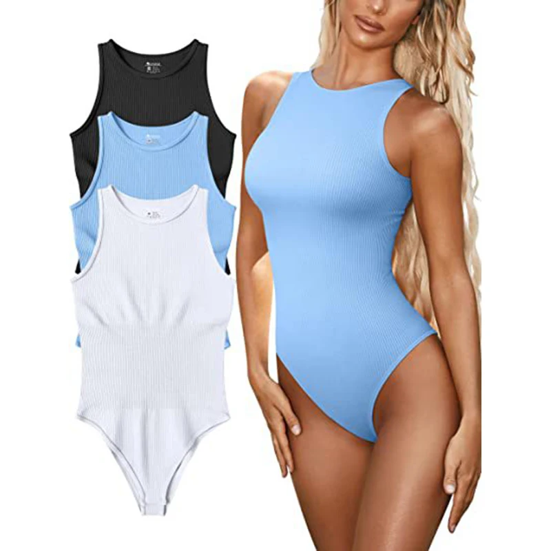 OMSJ Base Solid Sleeveless Tank Top Bodysuit For Women Summer Hot Girl Tight Sexy Casual Ribbed O Neck Romper Daily Clothes 2023