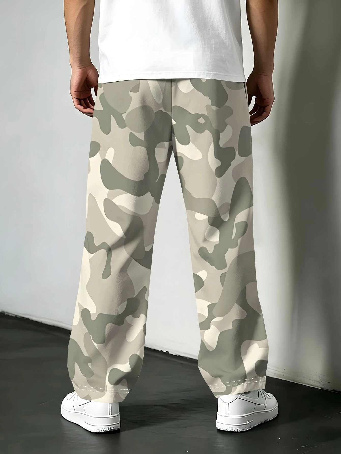 Men's Light Colored Camouflage Wide Leg Pants with Drawstring and Elastic Waist, Summer Beach Vacation Loose Casual Pants