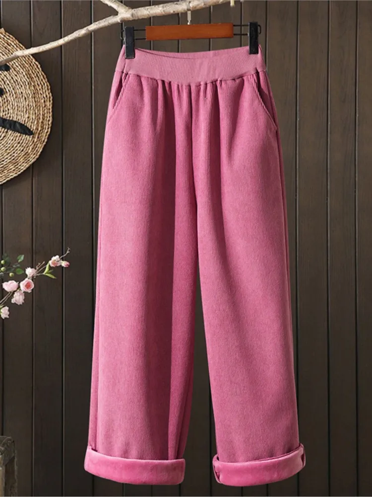 Pantalones largos de pana de gran tamaño para otoño e invierno, pantalones de cintura alta a la moda para mujer, pantalones holgados informales de pierna ancha para mujer