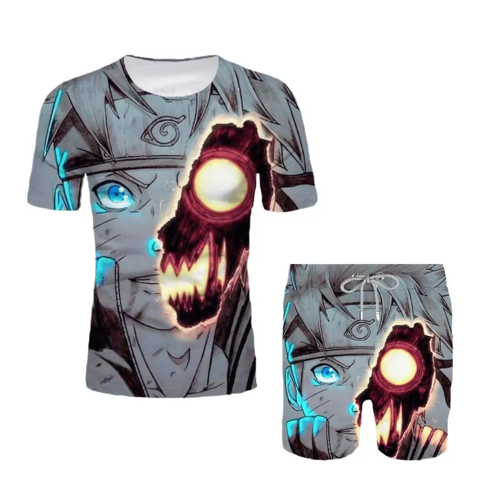 

New 2025 Japanese Cartoon Naruto T-shirt AdultTop T-shirt Shorts Two-piece Set Summer Boy Cartoon Cute T-shirt+beach Pants