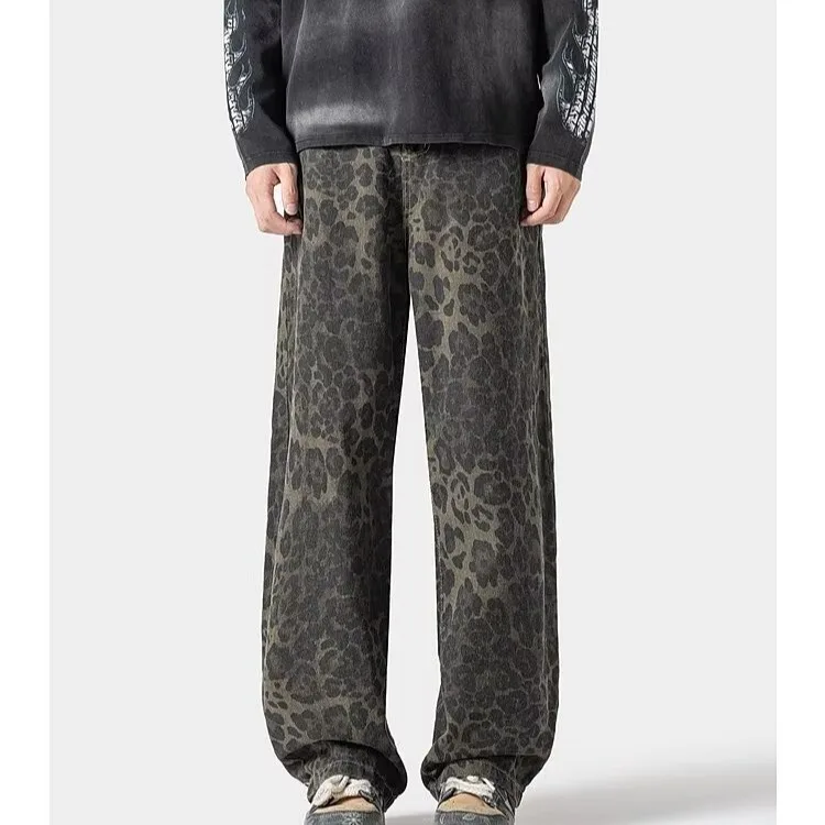 

Loose Straight Leg Men's Denim Pants 300 Pou Large Size Spring Autumn High Street Leopard Print Vintage Wide Leg Pants