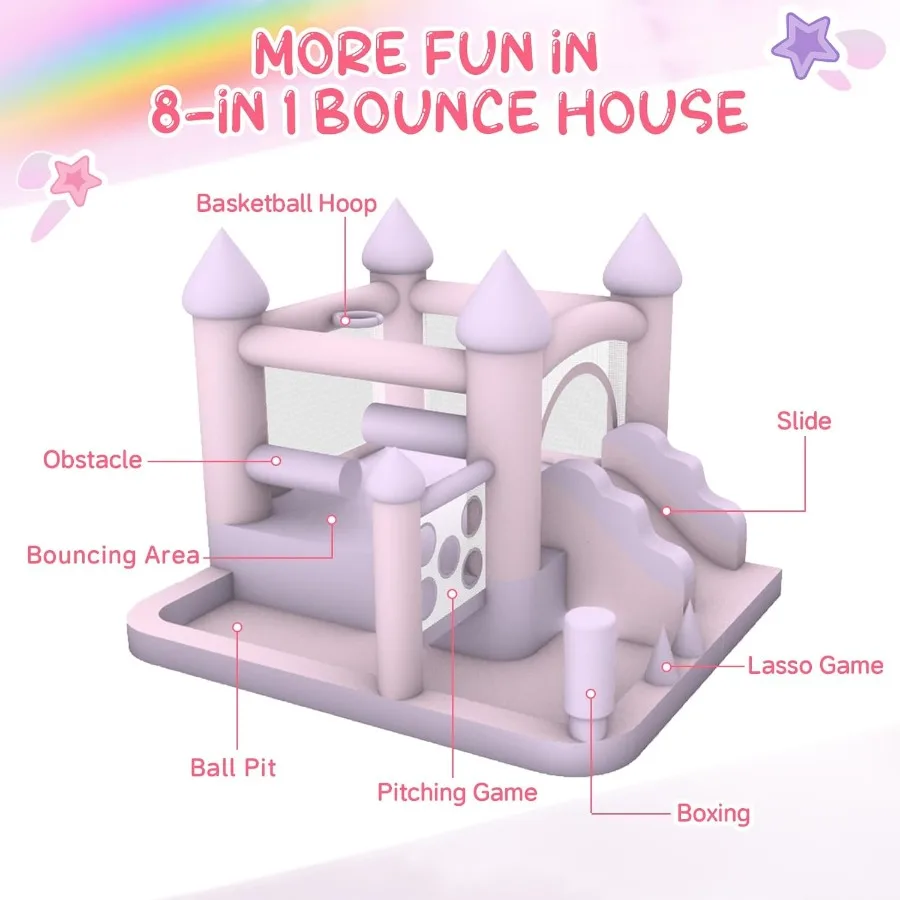 Inflatable Bounce HousePink Indoor Bounce House for 8in1 Jumping Bouncer House with with Ball Pit and Slide for Outdoor Indoor