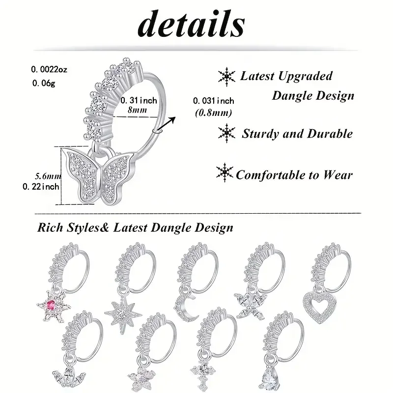 1pc/Set Silver Plated Dangle Nose Ring Inlaid Shiny Zircon Butterfly Heart Cross 20G Cartilage Earring Dangling Nose Piercings