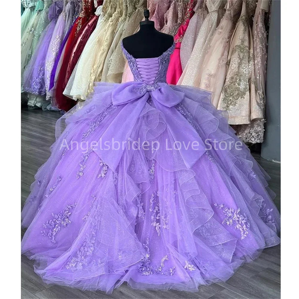 Angelsbridep-Vestido de baile roxo brilhante com decote em v, vestidos românticos Quinceanera, doce 16 princesa, 15 anos, 2024