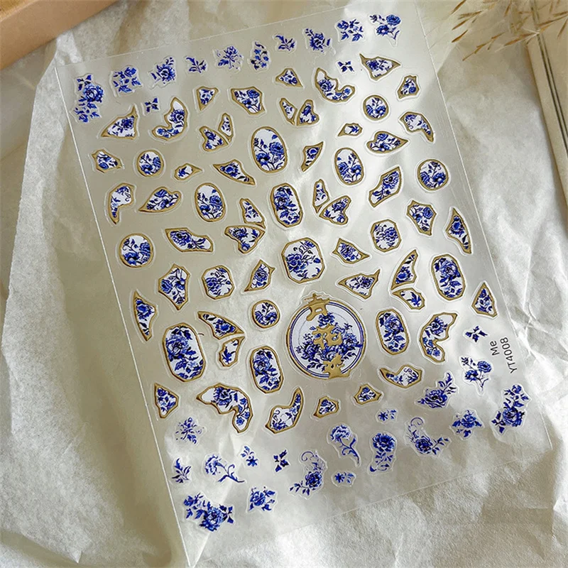 1 folha de adesivo de unha de porcelana azul e branca estilo chinês, adesivo de arte de unha de cerâmica com adesivo, adesivo de arte de unha DIY