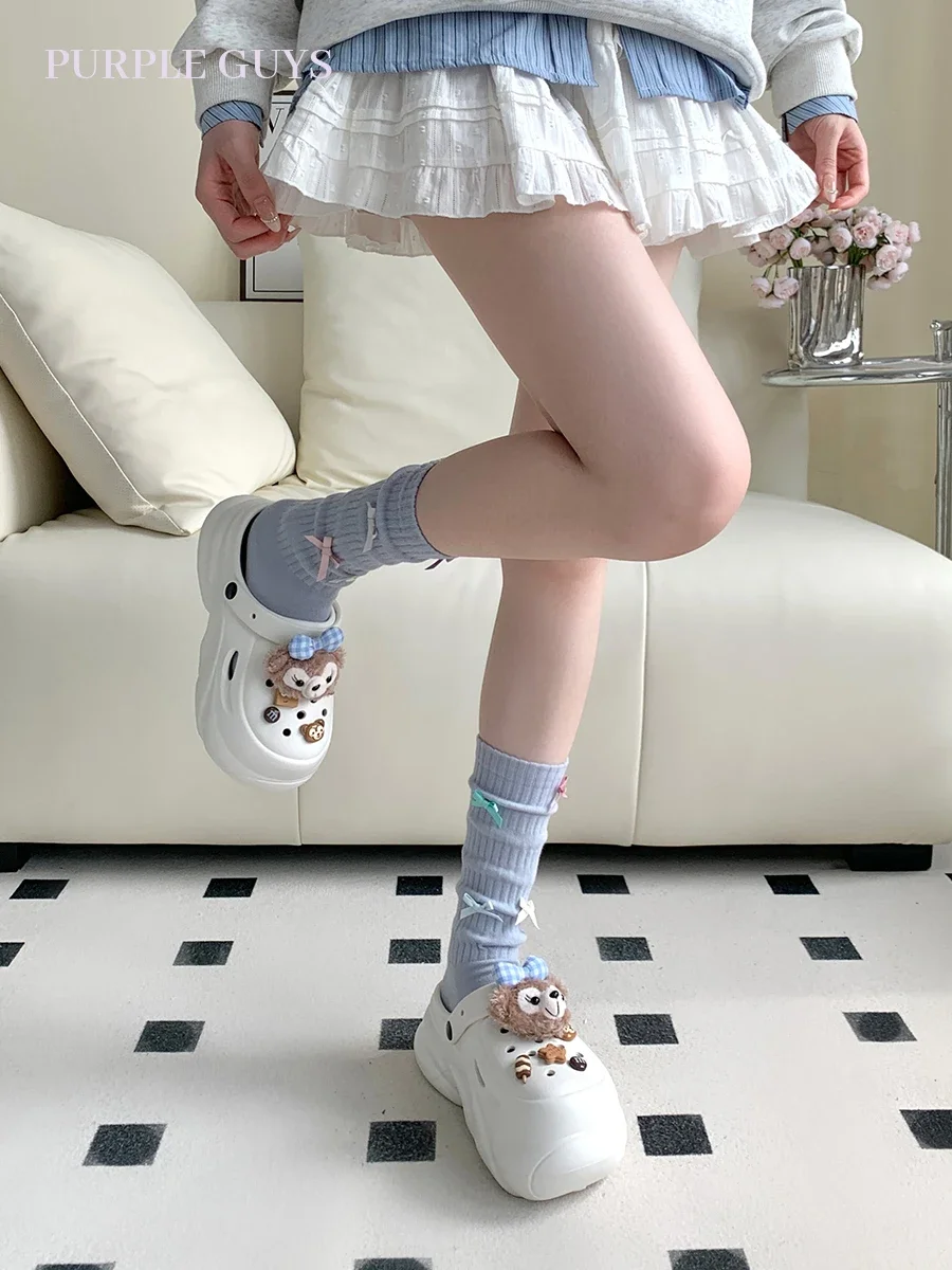 Color bow calf socks women's dopamine Korean ballet pink medium tube stacking socks