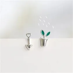New Arrival Fashion Fresh Literary Creative 925 Sterling Silver Jewelry Flower Pot Shovel Blue Leaf Stud Earrings E006