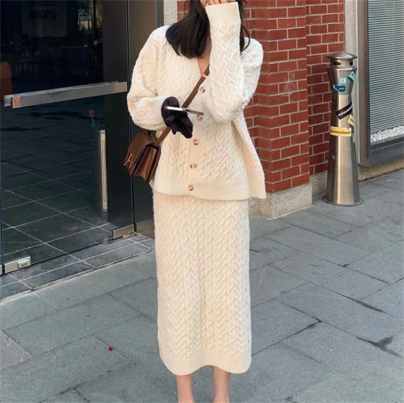 Two-piece Set Loose Casual Twist V-neck Sweater Cardigan Knitted Skirt Set Women Autumn Winter Elegnat Knitted Suits