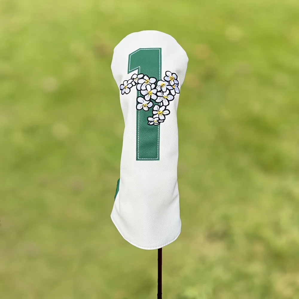 Funda para cabeza de palo de golf blanca serie Sakura: resistente al agua y duradera, diseño floral con flores de cerezo y detalles verdes
