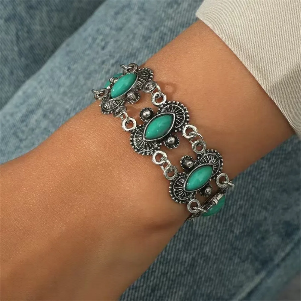 Cute Tribal Wide Bangle Ethnic Style Western Country Style Turquoise Bracelet Alloy Hand Ring Bohemian Bangles Women