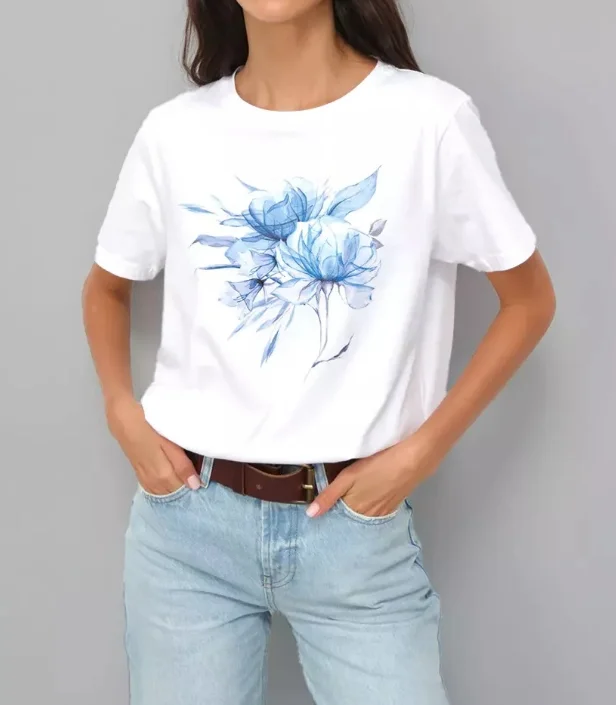 

Женская белая футболка больших размеров с коротким рукавом, синий цветочный графический принт, элегантный и повседневный летний топ с графическим принтом, женские топы