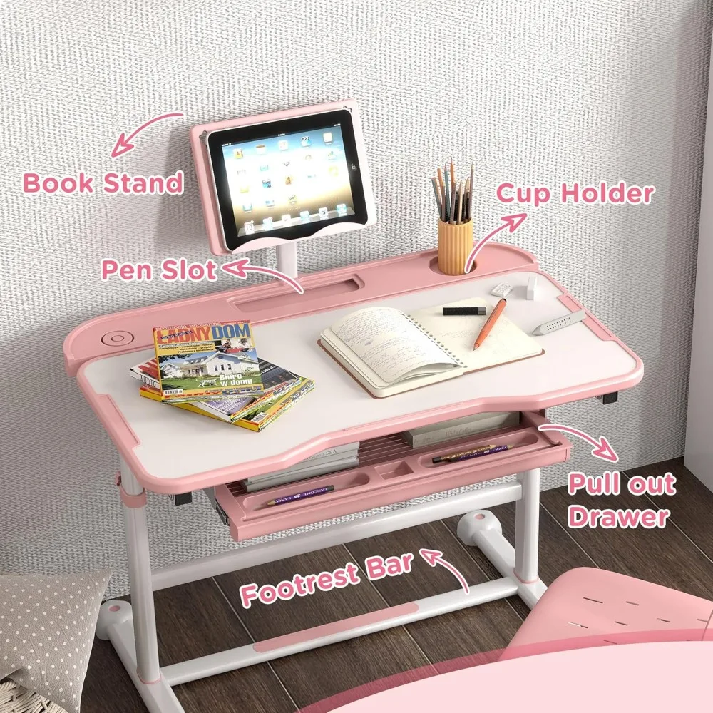 Kids Desk and Chair Set, Height Adjustable Kids School Study Desk and Chair Set with Tilt Desktop, Storage Drawer