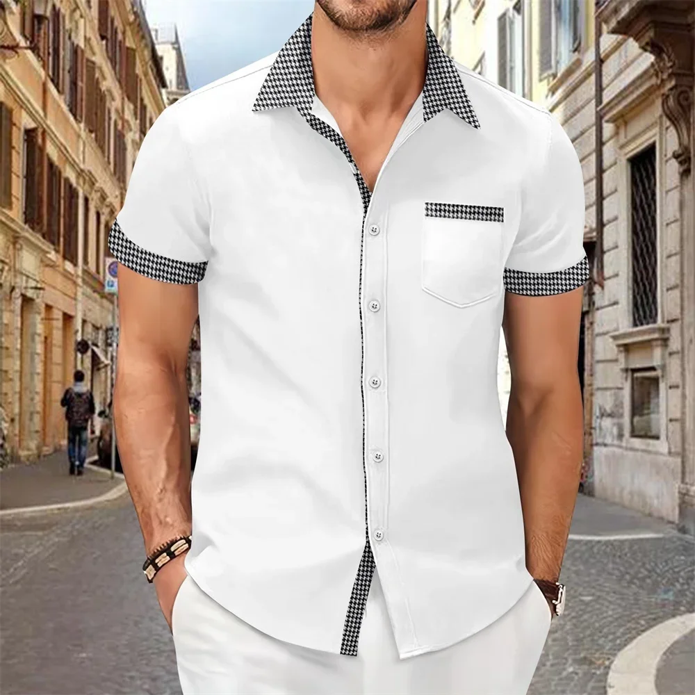 Men\'s Short Sleeve Button Shirt, Short Sleeve, Flip Collar, Casual Hawaiian, Solid Color, Comfortable, Summer, 2024