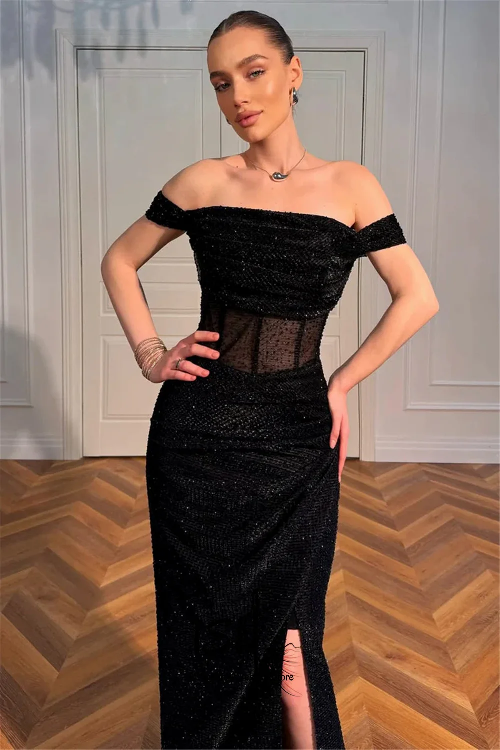 ISI CustomizedOff Shoulder Prom Dress with Glitter Fabric Sheer Corset Detail High-Slit Maxi Skirt Formal Evening Party Gown ﻿