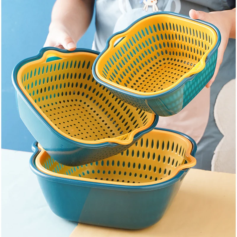 Multi Functional Fruit Vegetable Basin Kitchen Washing Basket Match Double-layer Drainage Basket Plastic Hollow Drainage Basket