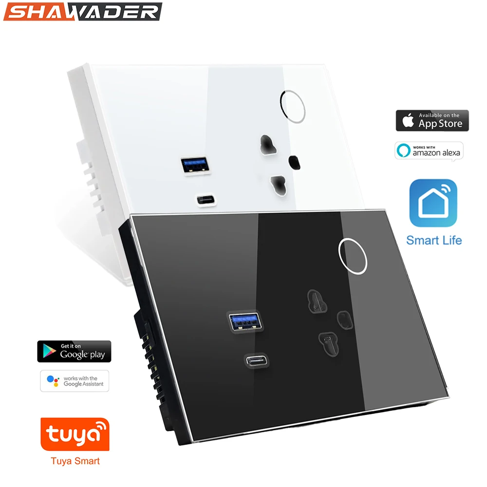 

Shawader WIFI Таиланд Розетка USB Type-C PD 30 Вт Tuya Умная розетка для США ЕС Plug Сенсорная стеклянная панель Пульт дистанционного управления от Alexa Google Home